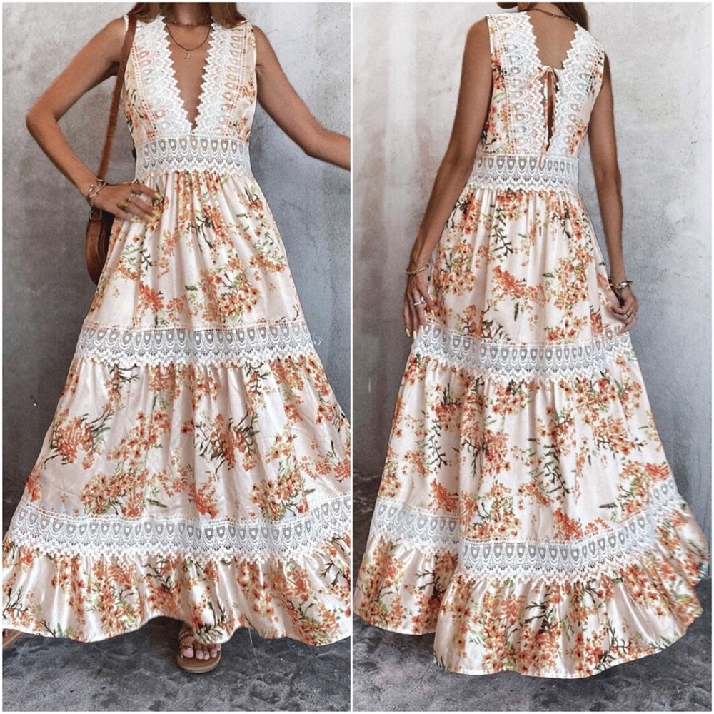 Boho Lace V neck Ruffle Maxi Dress Sleeveless - Picture 4 of 5